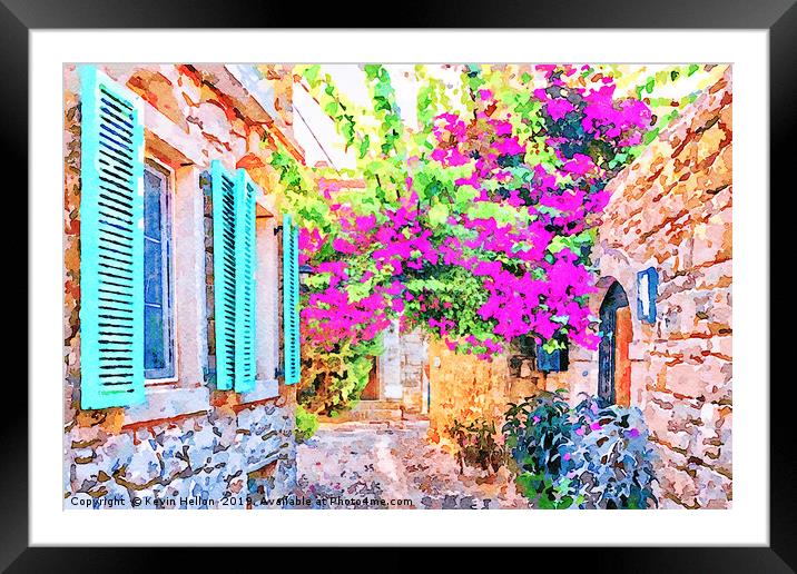 Digital water colour of blue shutters on a house a Framed Mounted Print by Kevin Hellon