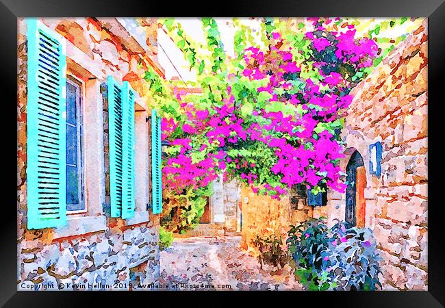 Digital water colour of blue shutters on a house a Framed Print by Kevin Hellon