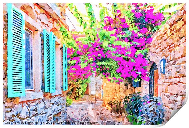 Digital water colour of blue shutters on a house a Print by Kevin Hellon