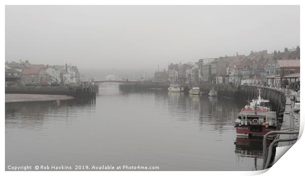 Whitby Harbour fog Print by Rob Hawkins