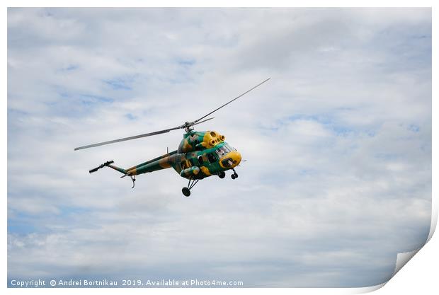 Khaki colored helicopter is flying in sky Print by Andrei Bortnikau