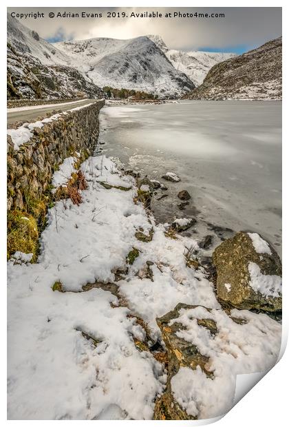 Icy Ogwen Lake Snowdonia Print by Adrian Evans