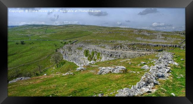 Malham Cove and limestone pavement  Framed Print by Diana Mower