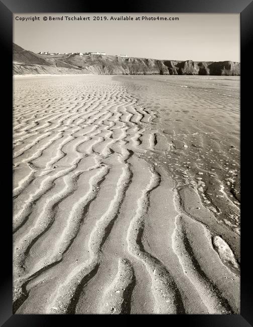 Sand patterns beach, Rhossili village, Gower, UK Framed Print by Bernd Tschakert