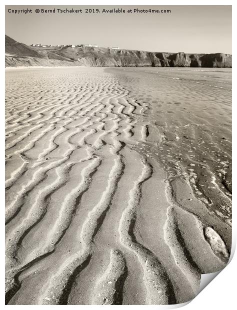 Sand patterns beach, Rhossili village, Gower, UK Print by Bernd Tschakert