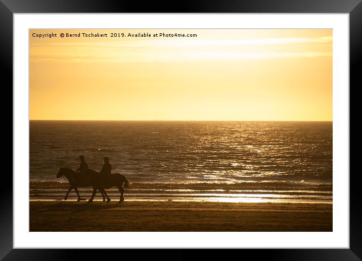 Beach Sunset, Two Horse Rider Silhouettes, England Framed Mounted Print by Bernd Tschakert