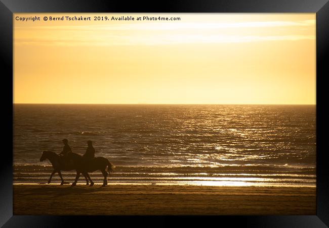 Beach Sunset, Two Horse Rider Silhouettes, England Framed Print by Bernd Tschakert