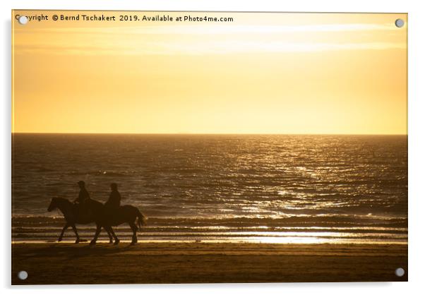 Beach Sunset, Two Horse Rider Silhouettes, England Acrylic by Bernd Tschakert