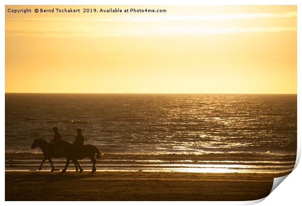 Beach Sunset, Two Horse Rider Silhouettes, England Print by Bernd Tschakert