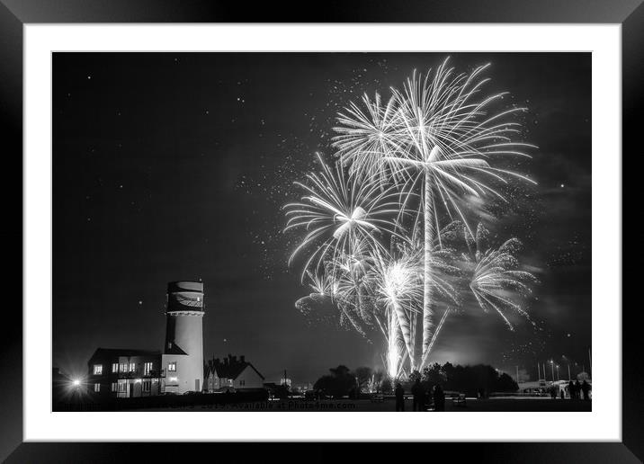 Amazing fireworks at night over lighthouse Framed Mounted Print by Simon Bratt LRPS