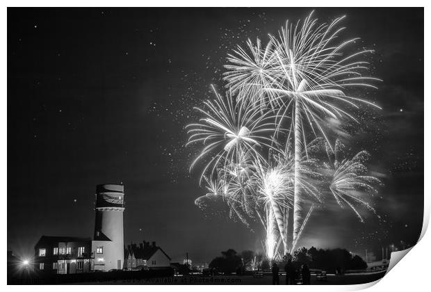 Amazing fireworks at night over lighthouse Print by Simon Bratt LRPS