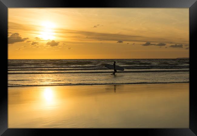 Sunset surfer at Westward Ho! North Devon Framed Print by Tony Twyman