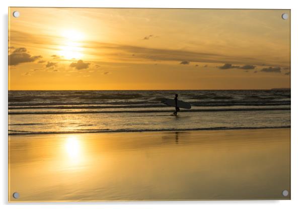 Sunset surfer at Westward Ho! North Devon Acrylic by Tony Twyman