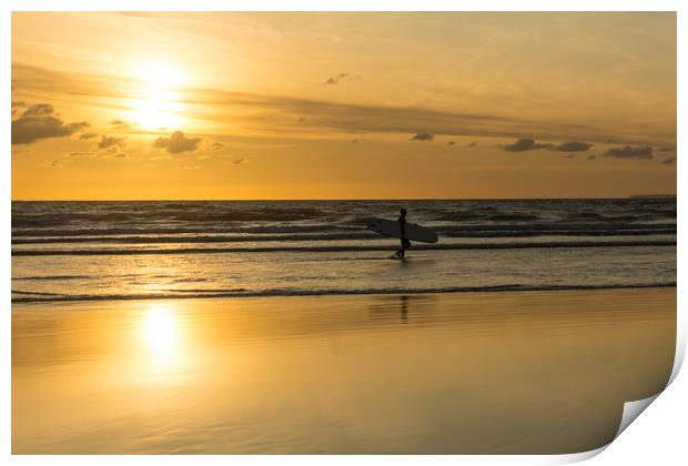 Sunset surfer at Westward Ho! North Devon Print by Tony Twyman