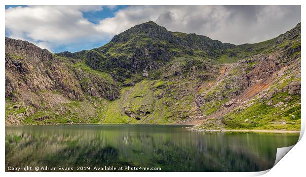 Lake Glaslyn with Mount Snowdon Print by Adrian Evans