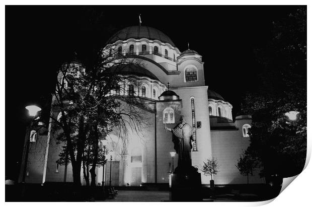 Cathedral of Saint Sava at night, Belgrade, Serbia Print by M. J. Photography