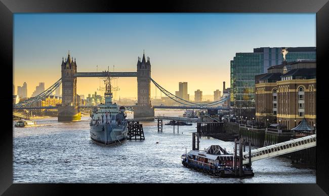 HMS Belfast and Tower Bridge, London Framed Print by George Robertson