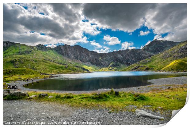 Glaslyn Lake and Snowdon Mountain Print by Adrian Evans