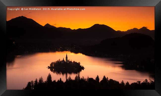 Lake Bled from Ojstrica at sunrise Framed Print by Ian Middleton