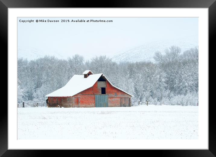 Winter Red Barn Framed Mounted Print by Mike Dawson
