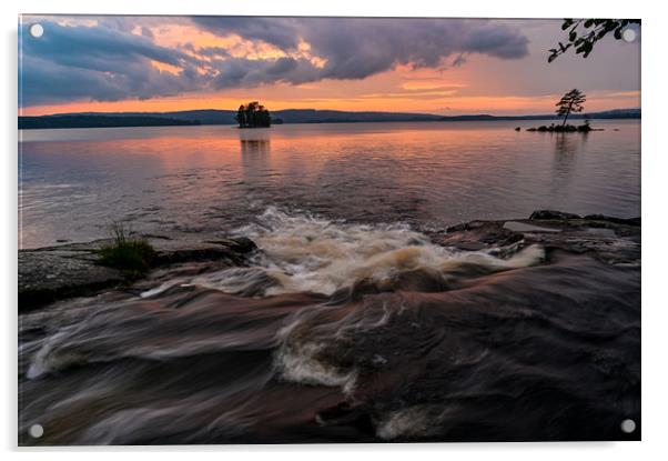 streaming water sunset over lake Acrylic by Jonas Rönnbro