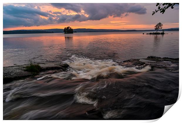streaming water sunset over lake Print by Jonas Rönnbro