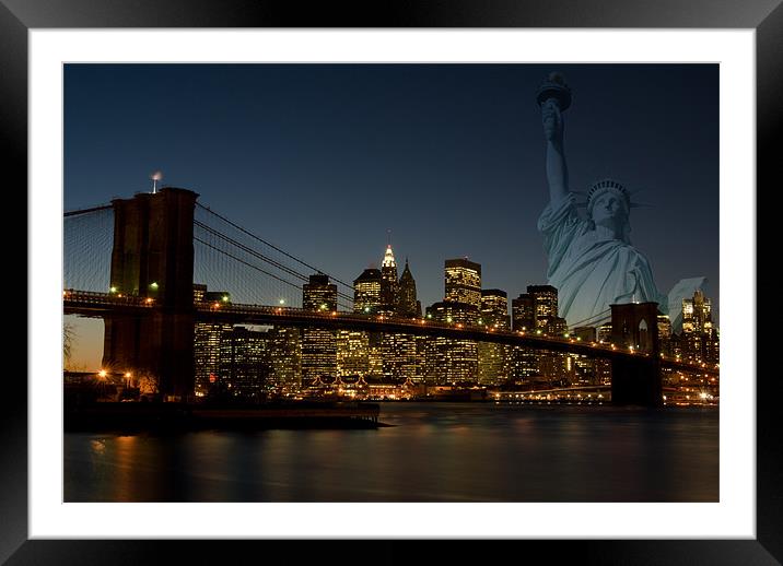 Manhattan with Statue of Liberty Framed Mounted Print by Thomas Stroehle