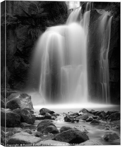 Lumsdale Mill water fall Canvas Print by Russell Burton