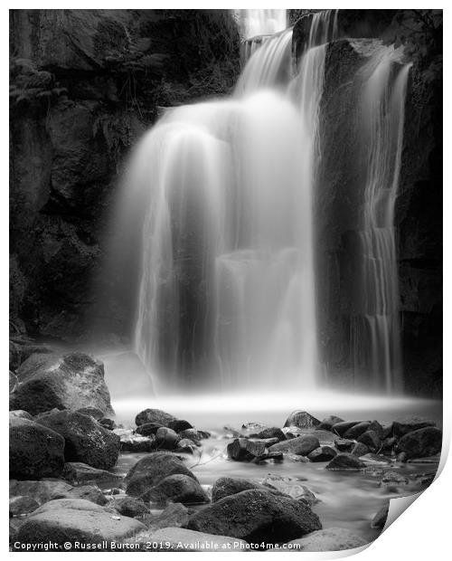 Lumsdale Mill water fall Print by Russell Burton