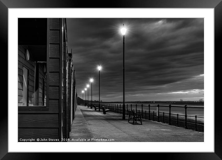 Beach Huts at sunset in Black and White Framed Mounted Print by John Stoves
