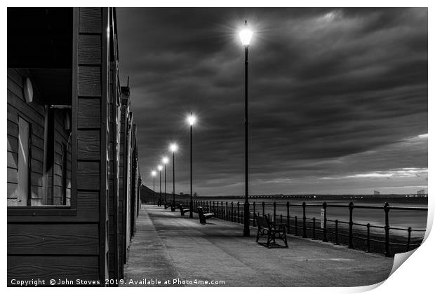 Beach Huts at sunset in Black and White Print by John Stoves