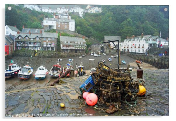 Clovelly harbour after the rain. Acrylic by David Birchall