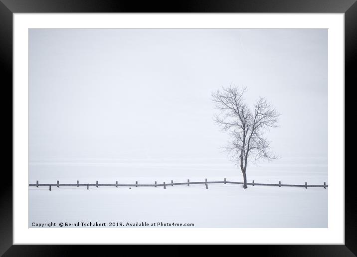 Tree, fence, fog and snow, Austria Framed Mounted Print by Bernd Tschakert