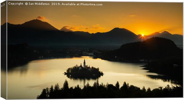 Sunrise over Lake Bled from Ojstrica Canvas Print by Ian Middleton