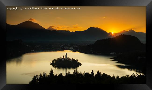 Sunrise over Lake Bled from Ojstrica Framed Print by Ian Middleton