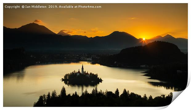 Sunrise over Lake Bled from Ojstrica Print by Ian Middleton