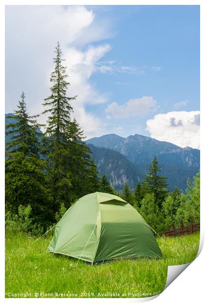 one green tent installed in the wild mountains Print by Florin Brezeanu