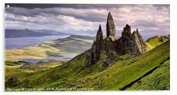 The Old Man of Storr caught in Spring light.  Acrylic by Chris Drabble