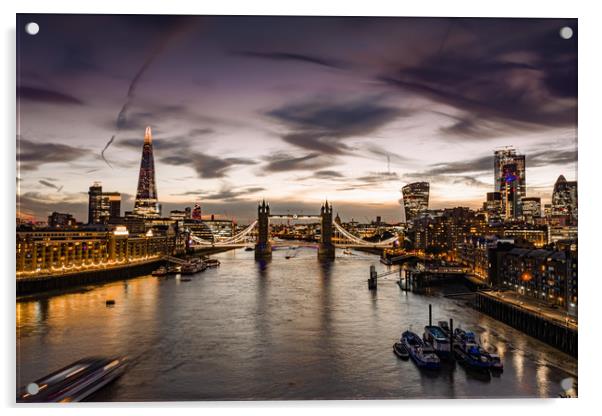 London Tower Bridge at Twilight with London Skylin Acrylic by Christopher Fenton