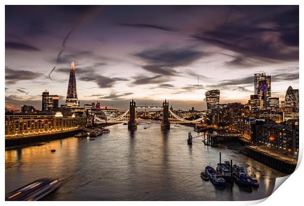 London Tower Bridge at Twilight with London Skylin Print by Christopher Fenton