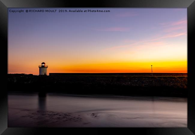Burry Port Lighthouse at sunset Framed Print by RICHARD MOULT