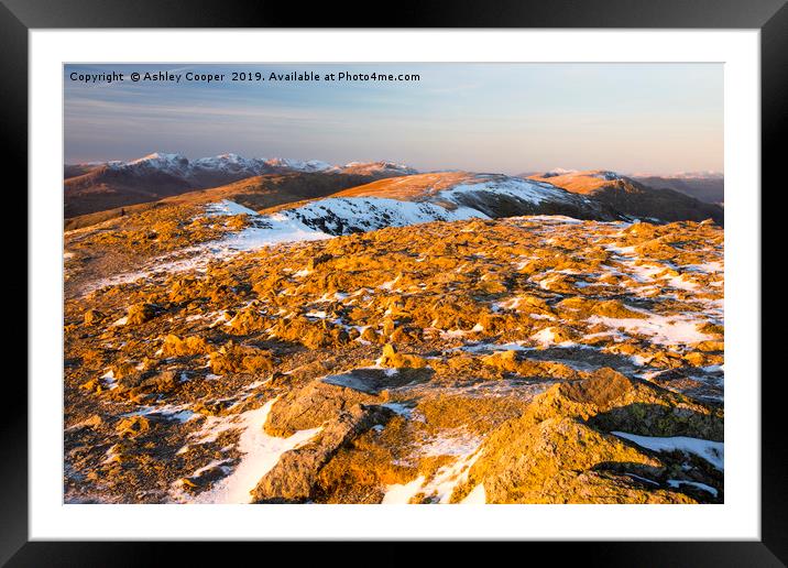 Golden summits. Framed Mounted Print by Ashley Cooper