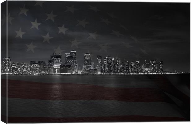 Manhattan with US flag Canvas Print by Thomas Stroehle