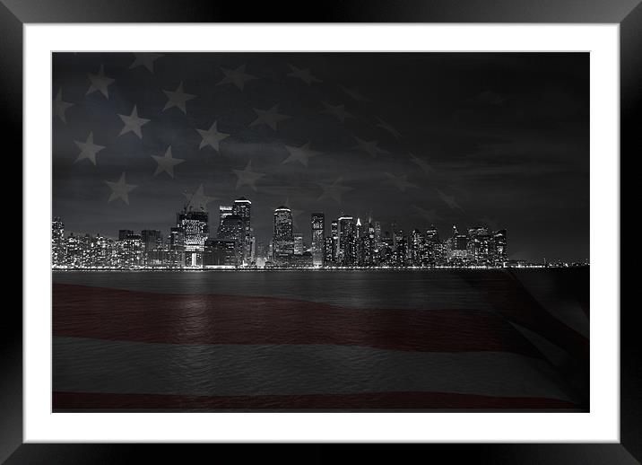 Manhattan with US flag Framed Mounted Print by Thomas Stroehle