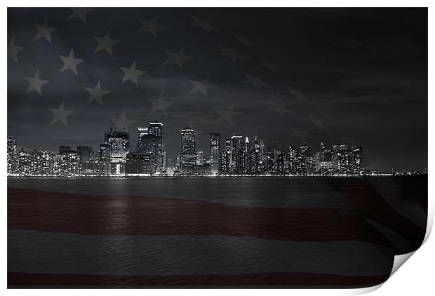Manhattan with US flag Print by Thomas Stroehle