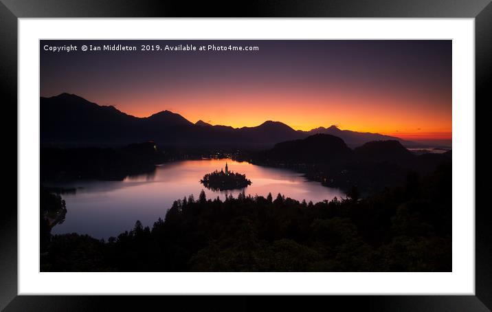 View of Lake Bled at sunrise from Ojstrica Framed Mounted Print by Ian Middleton