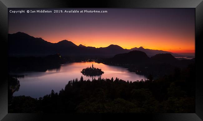 View of Lake Bled at sunrise from Ojstrica Framed Print by Ian Middleton