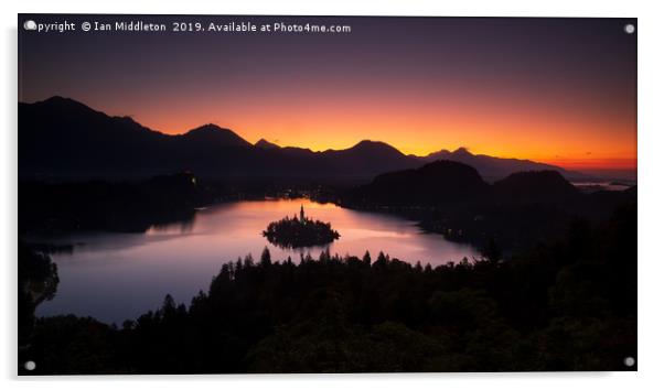 View of Lake Bled at sunrise from Ojstrica Acrylic by Ian Middleton