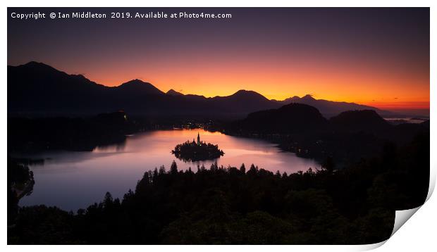 View of Lake Bled at sunrise from Ojstrica Print by Ian Middleton