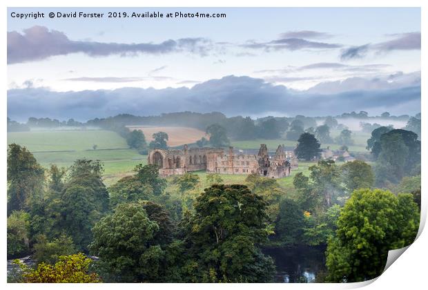 Egglestone Abbey Autumn Mist, Teesdale Print by David Forster